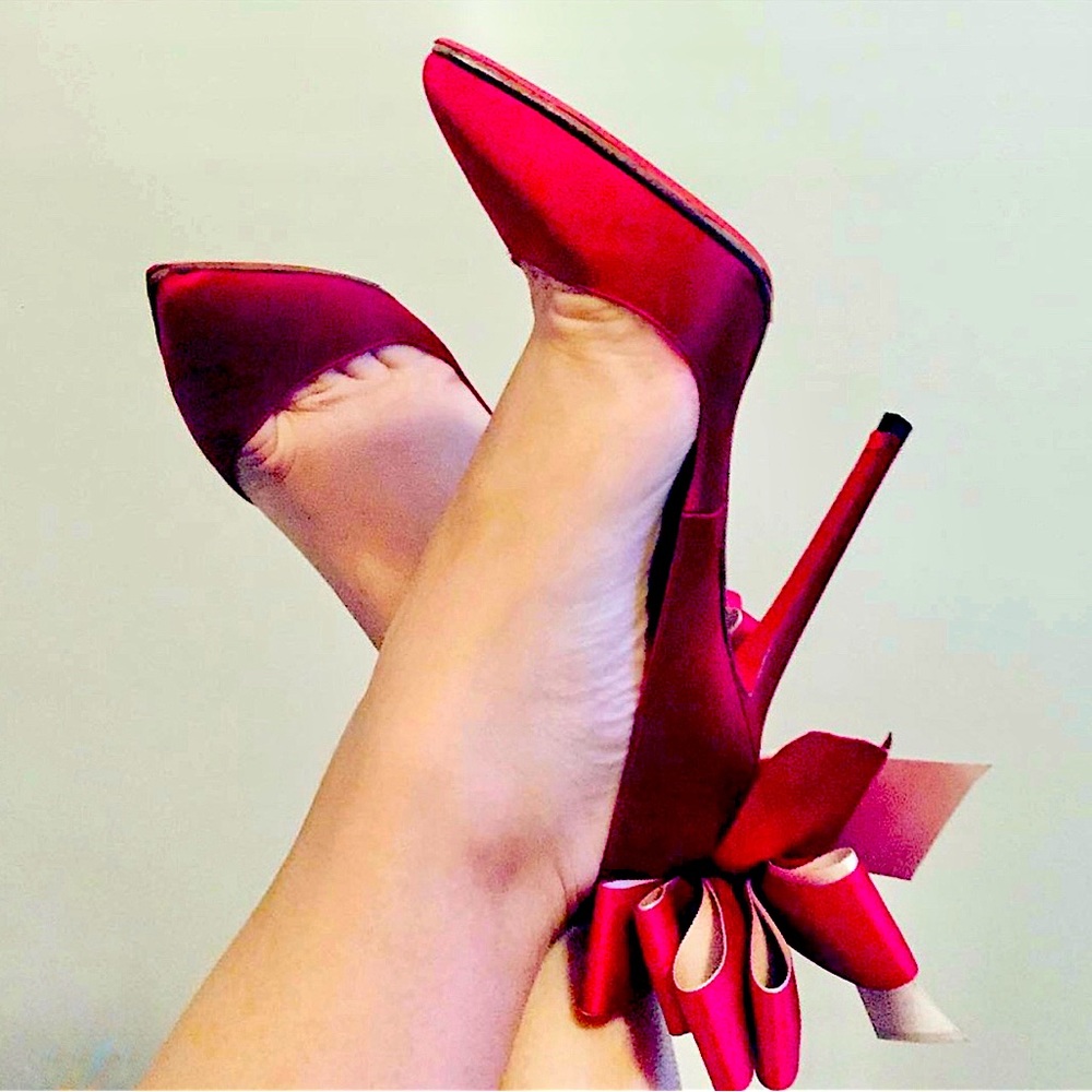 Christian Louboutin Red Anemone Satin Bow Pigalle 120mm Heels 37